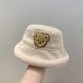 Thick beige plush teddy bear bucket hat for toddlers featuring warm faux lamb wool - 46-52cm / Beige