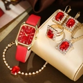 Luxury red leather watch set with matching ruby style necklace earrings and ring - Red Square Rhinestone 5-Piece Jewelry Set
