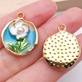 French vintage enamel flower pendant with white petals and pearl in golden wave frame - Blue Three-Tone Flower Pendant-21173