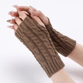 Guanti senza dita in maglia a treccia marrone, scaldabraccia in lana color caffè per l'inverno - Taglia unica / Cachi