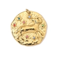 Vintage 18K gold plated Aries zodiac coin pendant with colorful crystal rhinestones - Aries