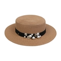 Cappello di paglia da donna con nastro nero e fiori di perle per vacanze in spiaggia - M (56-58cm) / Bordo Piatto Perla (Adulto Cachi)
