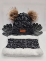 Detail of winter knit set including double pompom hat, warm scarf, and fleece gloves in black grey - 3-Piece Set (Hat/Scarf/Gloves) / Black & Grey Mixed