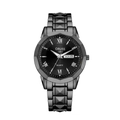 Macro detail of men's black quartz watch dial with Roman numerals and day-date window - Black Case Black Dial