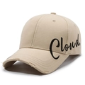 Distressed khaki baseball cap with Cloud embroidery and vintage frayed brim style - Deep Beige