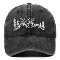 Vintage washed charcoal grey baseball cap featuring embroidered mountain and tree scenery - Adjustable / Black