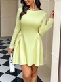 Elegant light yellow long sleeve A-line mini dress with high waist and pleated hemline - S / Light Yellow