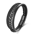 Mehrlagiges schwarzes geflochtenes Lederarmband für Herren mit Magnetverschluss aus Metall - Cool Black Industrial Mehrschichtiger Kombinationsstil