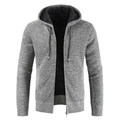 Men's grey hooded knit jacket with black fleece lining and full metal zipper closure - M / Light Gray