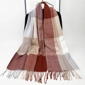 Plaid cashmere-like scarf with burgundy and beige tassels for autumn and winter - Coffee Khaki Plaid