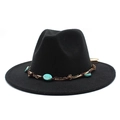 Detail of bohemian fedora hat featuring woven rope band with turquoise stone accents - M (56-58cm) / Black