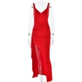 Abito lungo rosso senza maniche con scollo a V profondo, orlo a balze e vestibilità slim - M / Standard / Rosso