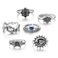 Vintage 6-piece bohemian silver ring set featuring butterfly, turtle, snake and heart designs - Lotus Turtle And Sun Moon Style (XT-14311)