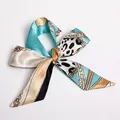 Blue and beige ribbon scarf with gold chain and leopard prints on a white background - S43-Lake Blue Chain Leopard