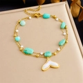 Double-layered gold stainless steel anklet with purple stones, pearls, and fishtail pendant - Turquoise Stone Shell Fish Tail Style (B1602)
