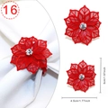 Red poinsettia flower napkin ring with central crystal and holiday metal finish - Red Metal Hollow Flower Rhinestone