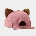 Detail view of pink dockers hat with leopard plush ears and metal adjustment buckle - Adjustable / Dusty Pink