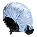 Adjustable light blue satin sleep bonnet with black lining and elastic button strap - Adjustable / Light Blue + Black