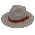 Breathable light gray straw Panama hat with brown leather band and rivet accents - Gray