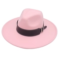 Detail of light pink wool fedora hat featuring a black leather band with silver buckle - Pink Heart (Black Wide Leather)