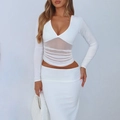 Detail of white two-piece set with V-neck mesh top and high waist slim fit skirt - S / White