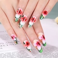 Dettaglio di unghie finte a mandorla con decorazioni floreali rosa e foglie verdi - Sacchetto OPP da 24 pezzi (Senza attrezzi)