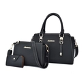 Set di 3 borse in pelle PU nera con cuciture bianche e dettagli in metallo dorato - Nero