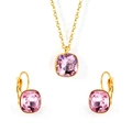 Elegant gold plated jewelry set with square pink zircon necklace and matching earrings - Gold-Pink Crystal