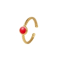 Detail view of 18K gold plated twisted band ring with a round red enamel center - J421-1 Red Twist Round / Adjustable Open