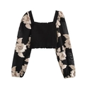 Zwarte crop top met vierkante hals, gesmokt lijfje en beige bloemenborduurwerk op mesh mouwen - XS / Zwart