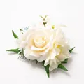 White floral hair comb with faux roses and green leaves for bridal weddings - FS06-1 White