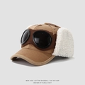 Macro view of brown corduroy kid's baseball hat with pilot goggles and warm earflaps - 52cm (2-5 Years) / Bear Print-Coffee