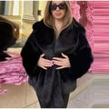 Short black faux fur coat with chic lapel collar for women in fluffy plush texture - S / Black