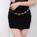 Bohemian gold metal waist chain with embossed oval links and tassel fringe on black dress - Antique Gold Rectangle Embossed Chain (X503-15)
