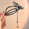 Elegant black wing-shaped hair claw clip with grey pearls and sparkling rhinestones - Black Fishtail Twist Clip