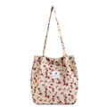 Bolso tote de pana beige con estampado floral rojo y detalle de etiqueta blanca - Rosa Beige