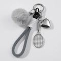 Portachiavi con pompon grigio, ciondolo a racchetta da tennis e cinturino intrecciato - Pompon Grigio Cuore Racchetta