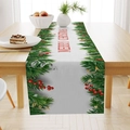 White Christmas linen table runner with red Merry Christmas text and pine branch prints - White Merry Christmas Pine (ZQ26-15)
