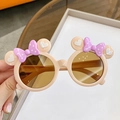 Cute beige round kids sunglasses with pink bow, mouse ears and amber lenses - Beige