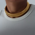 Golden wide herringbone chain necklace with metallic luster on model wearing white vest - Necklace-2cm / Gold