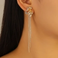 Close-up of elegant gold tassel earrings with leaf design and sparkling rhinestones - 3D Petal Tassel (5751)