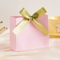 Elegant pink trapezoid gift box featuring a premium olive green satin ribbon bow detail - Small / Blank Pink (Grass Green Ribbon)
