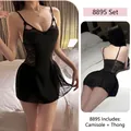Set camicia da notte sexy in pizzo nero con mesh trasparente e dettaglio fiocco - Taglia unica / Nero