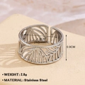 Silver hollow leaf texture open ring in stainless steel with adjustable band design - 697-2 Palm Leaf Hollow / Steel