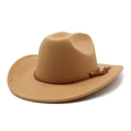 Detail of western cowboy hat featuring khaki felt texture and brown braided hat band - M (56-58cm) / Camel