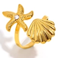 18K gold plated ocean style adjustable ring with starfish, seashell and clear crystal - Seashell Starfish Open Ring - Gold
