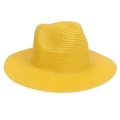 Close-up of bright yellow straw fedora hat showing intricate woven texture and sun shade brim - Yellow