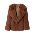 Brown faux fur jacket with large lapel and dense glossy pile on white background - Caramel color