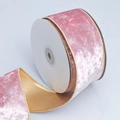 Pink velvet decorative ribbon roll with golden satin backing and metallic wired edge - Pink