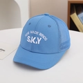 Detail of sky blue kids baseball cap showing breathable mesh and white letter embroidery - 54cm (3-8 Years) / SKY-Blue
